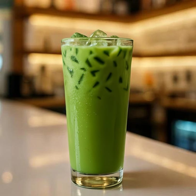 Iced green Thai tea with ice cubes and condensation on a bar counter at Jai Dee Restaurant.