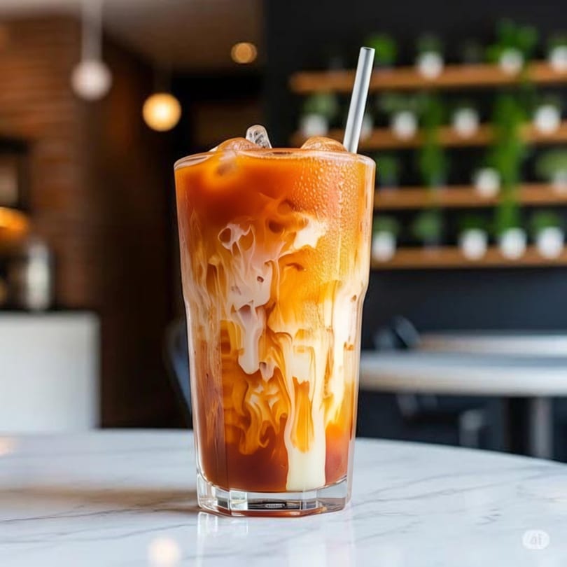 Iced Thai tea with milk swirls and a straw in a tall glass on a marble table.