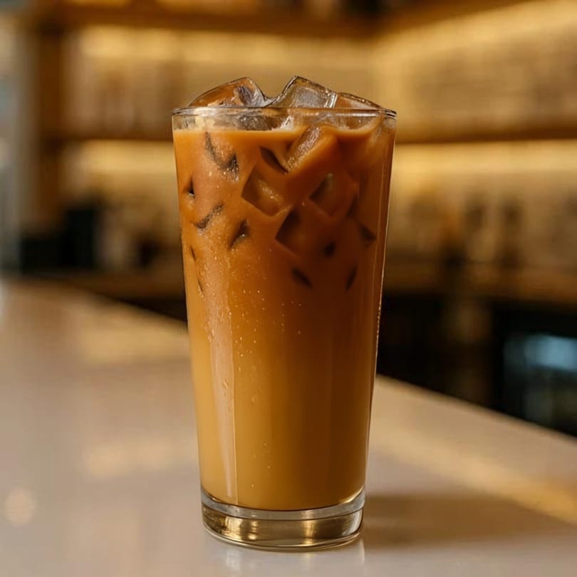 A tall glass of iced Thai tea with condensation, filled with ice cubes, on a white counter.
