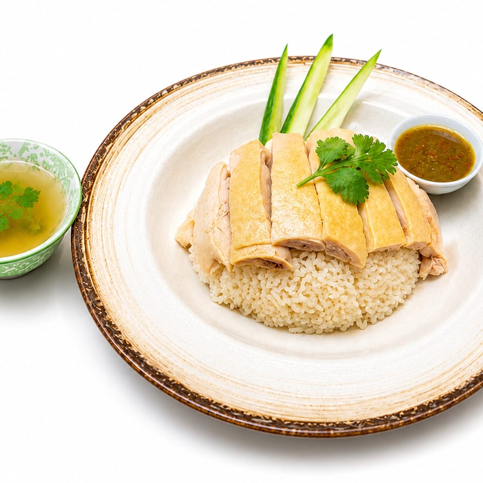 Hainanese chicken rice with sliced chicken, rice, cucumber, cilantro, chili sauce, and soup.
