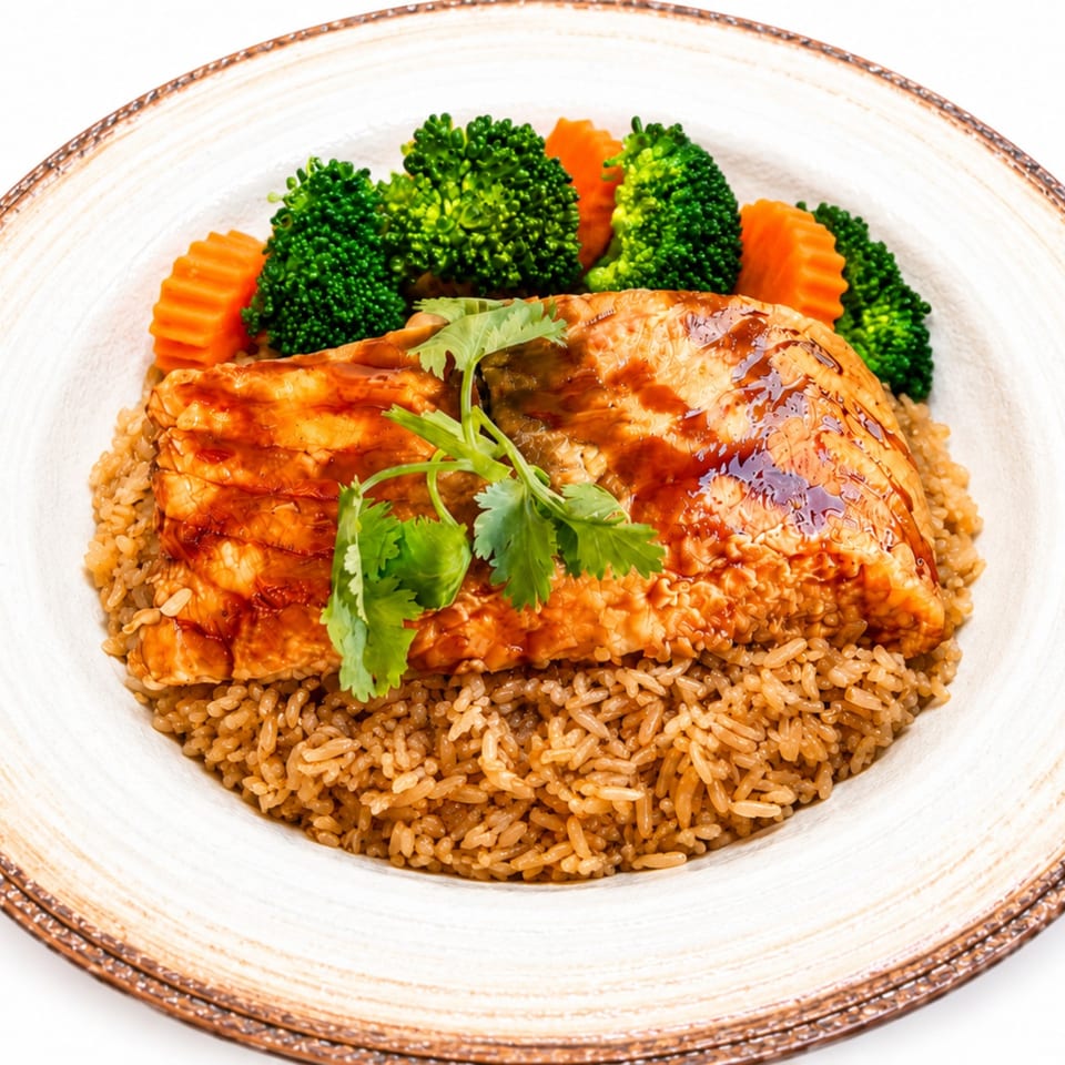 Teriyaki chicken with brown rice, broccoli, carrots, and cilantro in a white bowl.