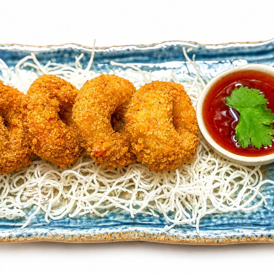 Golden-fried calamari rings and a small bowl of red dipping sauce with cilantro on a blue plate.