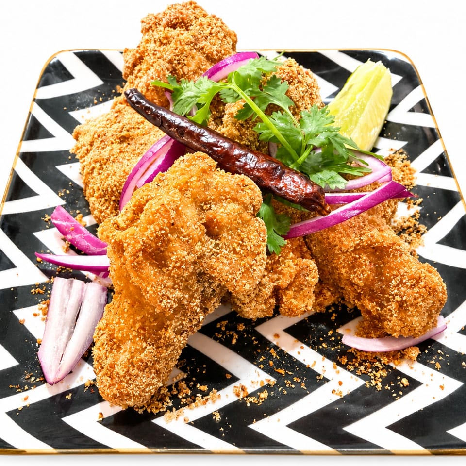 Crispy fried chicken pieces on a black and white zigzag plate, garnished with red onion, cilantro, and lime.