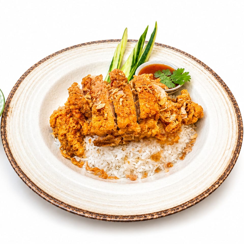 Crispy fried chicken pieces with garlic flakes over white rice, served with cucumber slices and chili sauce.