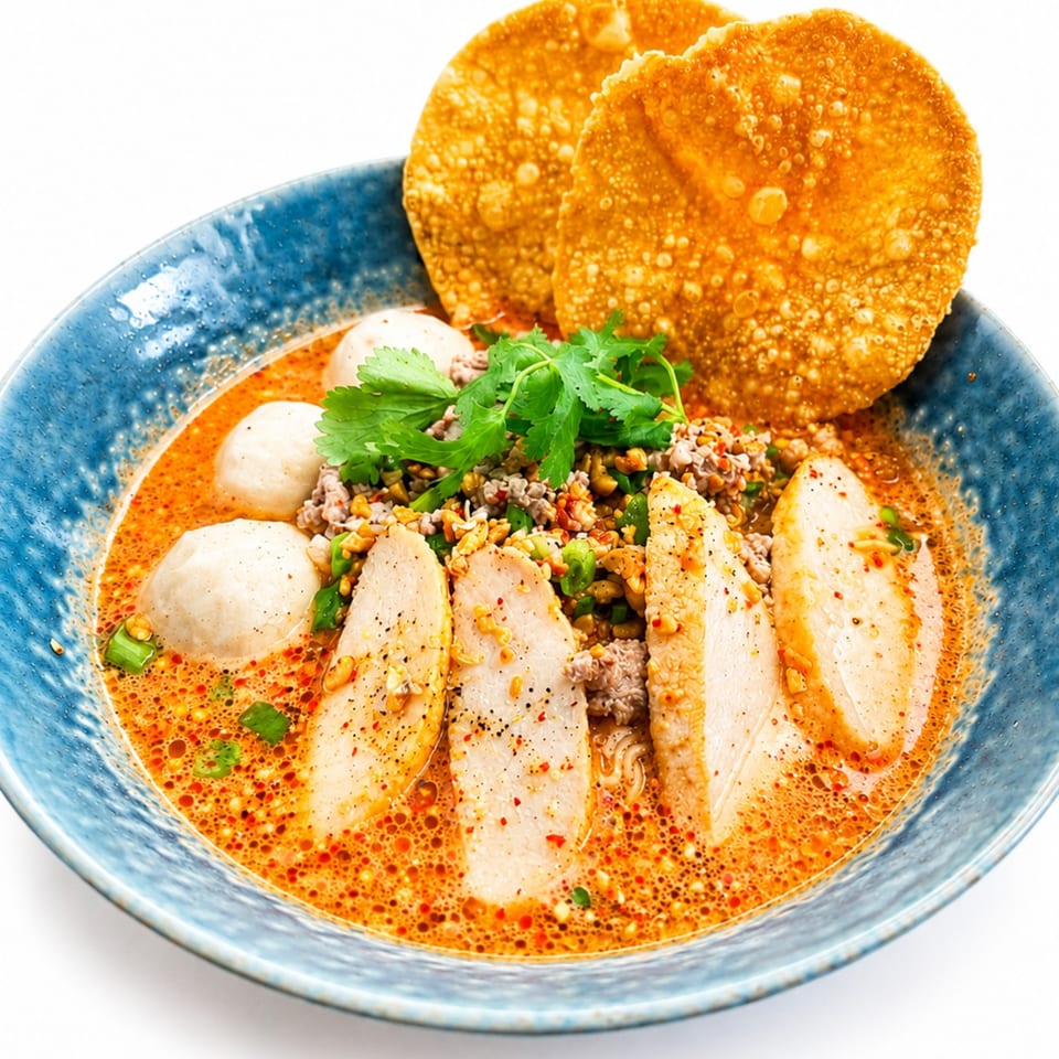 Spicy Thai noodle soup with sliced chicken, meatballs, ground pork, cilantro, and crispy wontons.